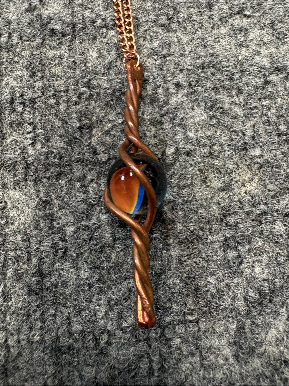 Hand Crafted Copper Twisted Pendant Necklace with Blue and Amber Orb